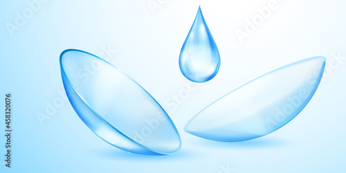 Realistic translucent contact lenses in light blue color and one big water drop