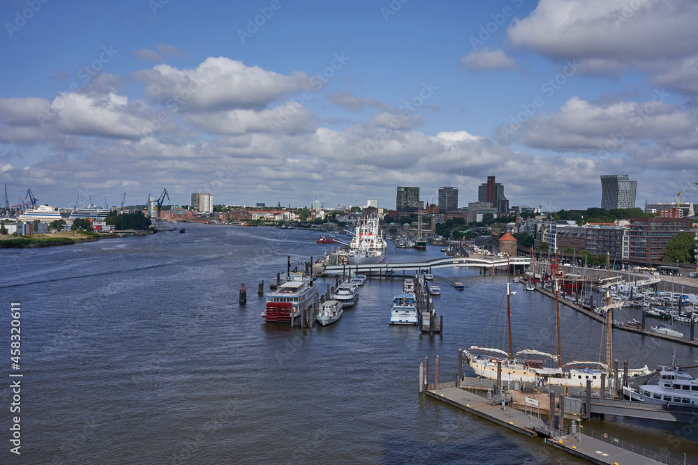 Hamburg, Germany - July 18, 2021 - the view from an observation deck, the Plaza, at the 8th floor of the Elbe Philharmonic Hall in the summer morning
