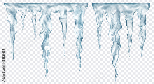 Group of translucent gray realistic icicles of different lengths, connected at the top, isolated on transparent background. Transparency only in vector format