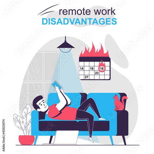 Remote work disadvantages isolated cartoon concept. man is distracted by phone, burn deadline people scene in flat design. Vector illustration for blogging, website, mobile app, promotional materials.