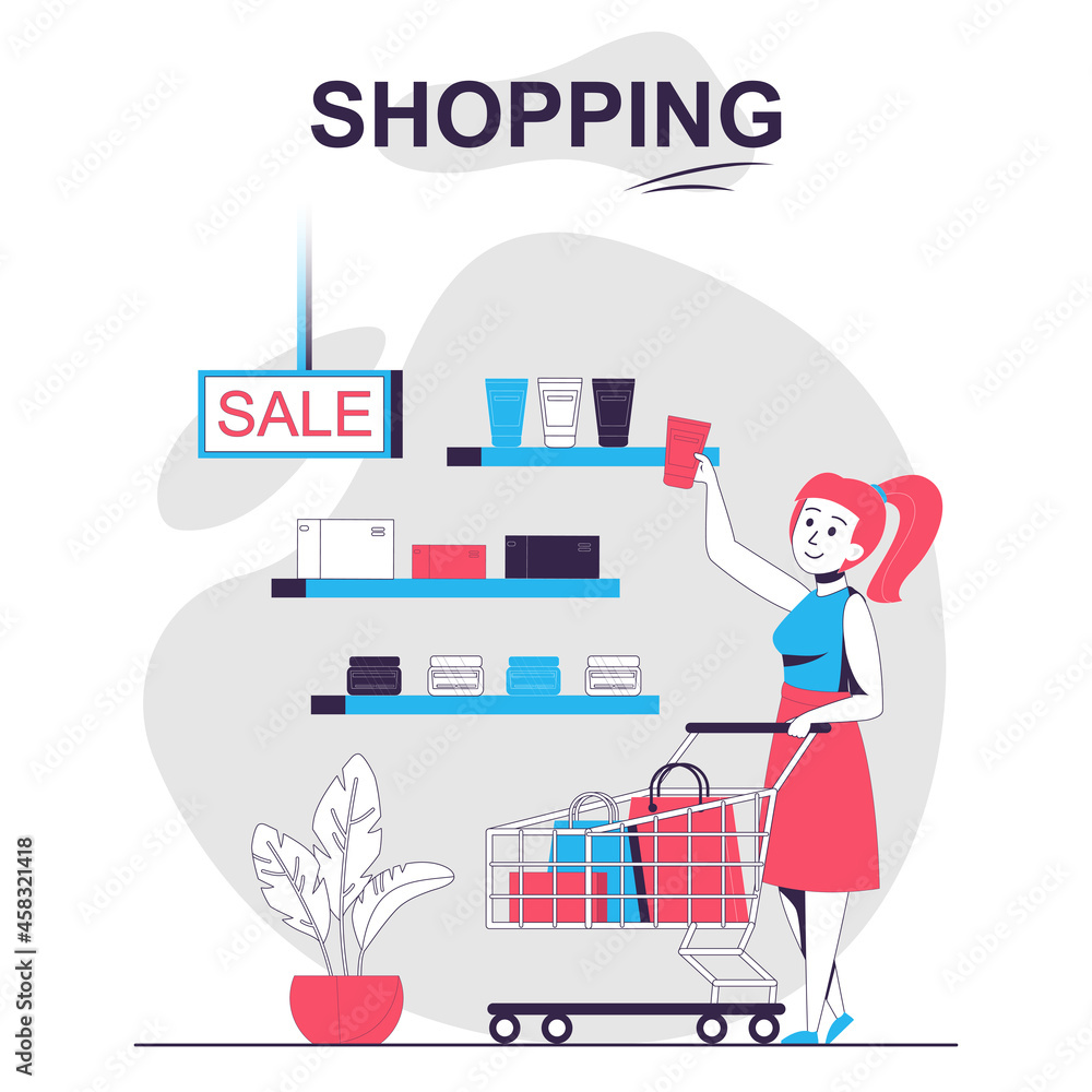 Shopping isolated cartoon concept. Woman buying cosmetics on sale in store, customers people scene in flat design. Vector illustration for blogging, website, mobile app, promotional materials.