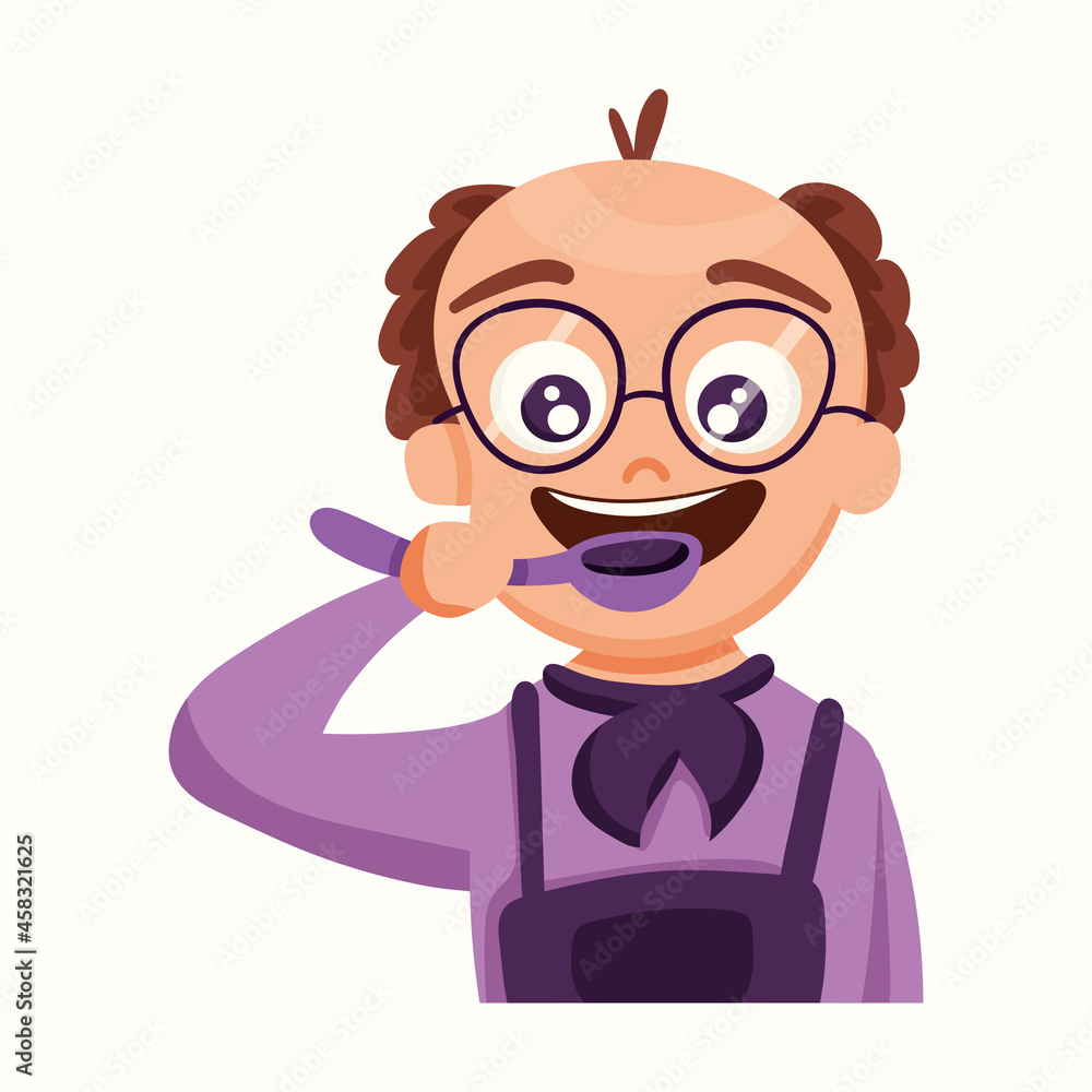 Cute chef tastes food with a spoon. Vector illustration
