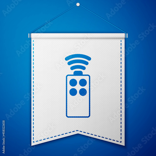 Blue Remote control for the camera icon isolated on blue background. An auxiliary device that allows you to work with a camera from a distance. White pennant template. Vector