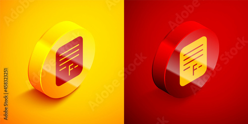 Isometric Exam paper with incorrect answers survey icon isolated on orange and red background. Bad mark of test results. Circle button. Vector