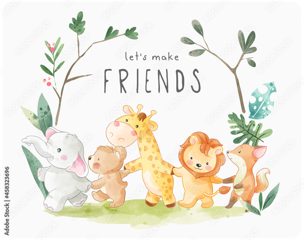 let's make friends slogan with cute cartoon animals holding hand illustration  - obrazy, fototapety, plakaty 