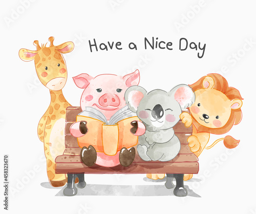 Canvas Print have a good day slogan with cute animals on a bench illustration