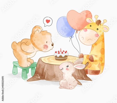 cute animal friends with birthday cake on tree stump illustration