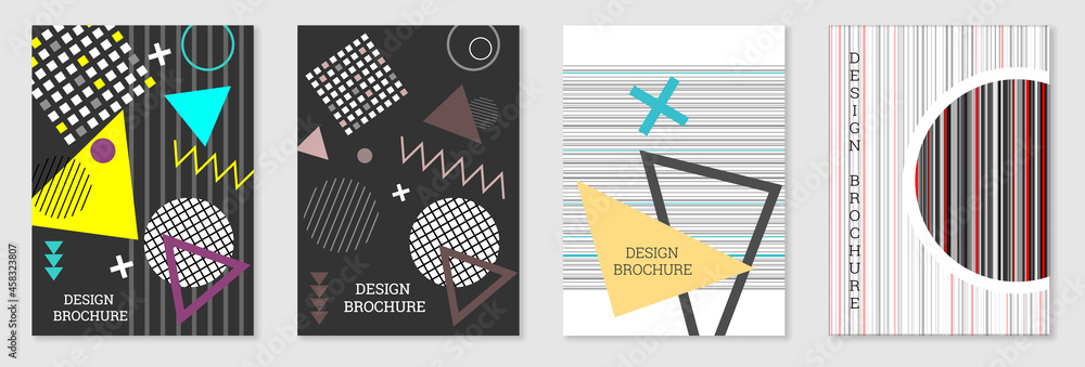 Set of cover design in Memphis style. Geometric design, abstract background. Fashionable bright cover, banner, poster, booklet. Creative colors. Set of cover design in Memphis style. Geometric design, abstract background. Fashionable bright cover, banner, poster, booklet. Creative colors.