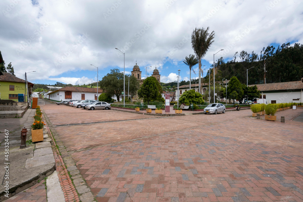 Nemocon, Cundinamarca, Colombia. July 2, 2021: Nemocon main park and with clouds.