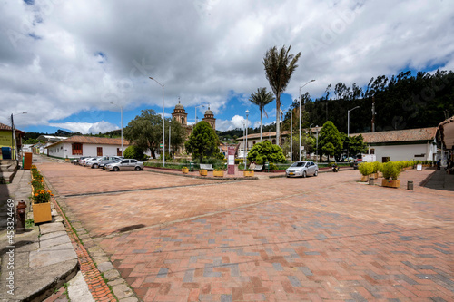 Nemocon, Cundinamarca, Colombia. July 2, 2021: Nemocon main park and with clouds.
