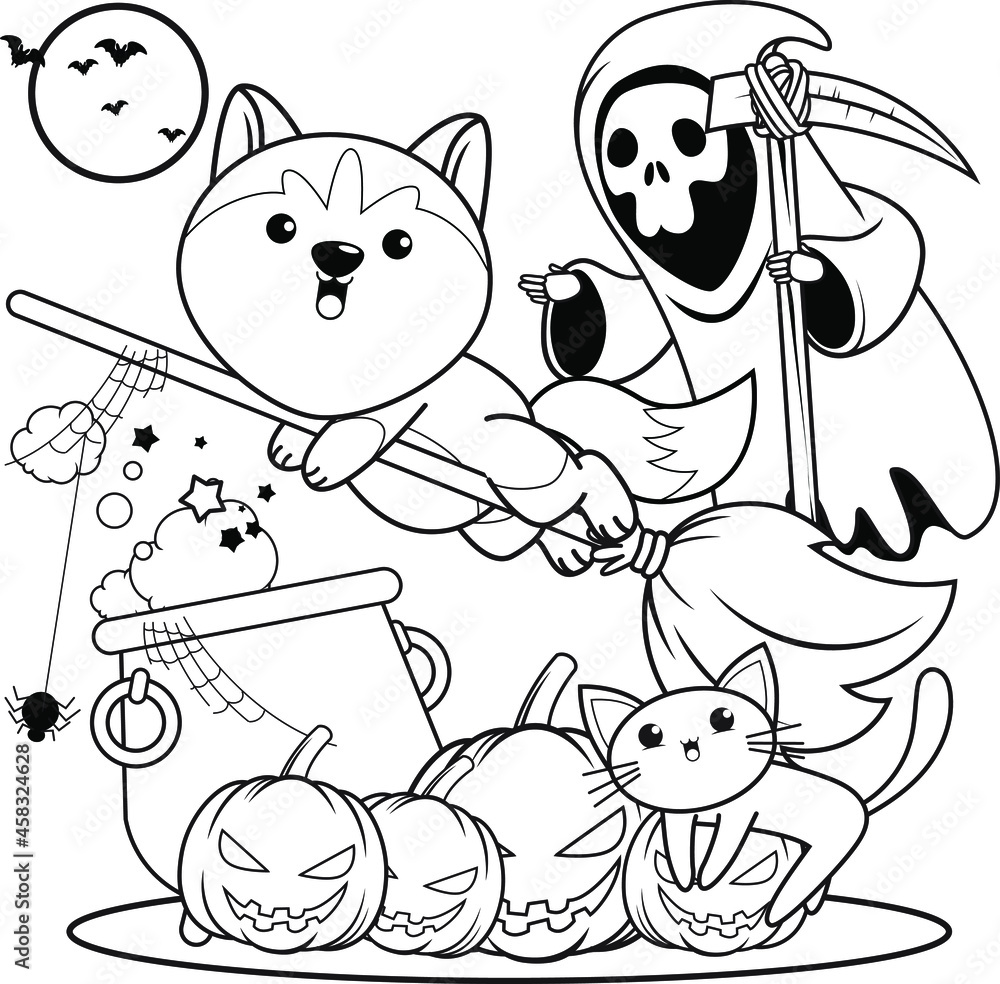 Halloween coloring book with cute husky