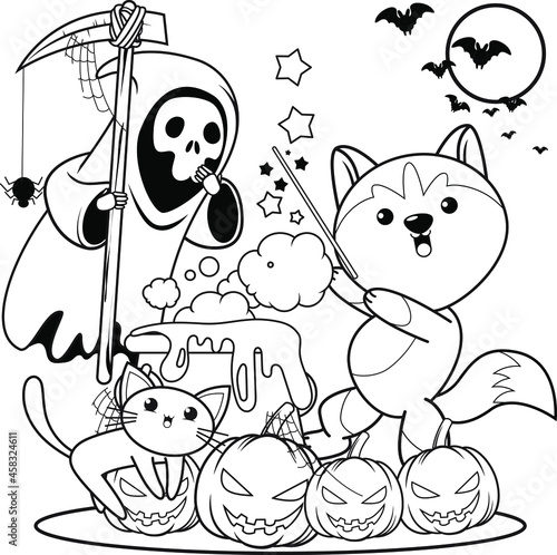 Halloween coloring book with cute husky