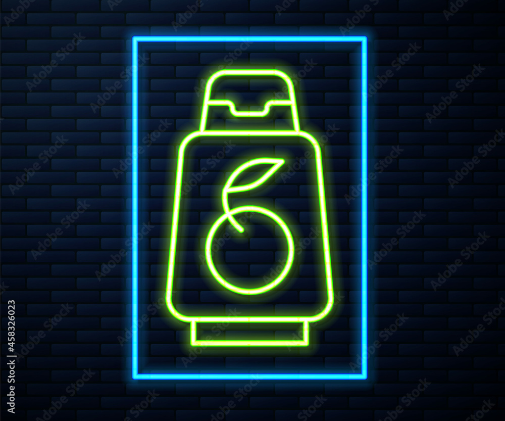 Glowing neon line Bottle of shampoo icon isolated on brick wall background. Vector Glowing neon line Bottle of shampoo icon isolated on brick wall background. Vector
