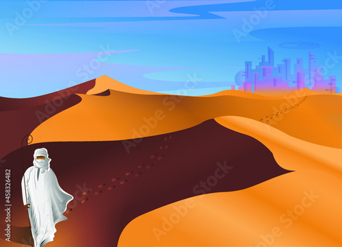 Vector landscape. A Bedouin pilgrim in the desert dunes