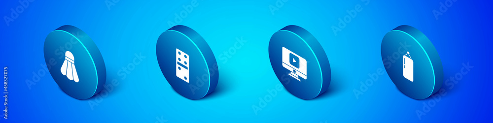 Set Isometric Badminton shuttlecock, Online play video, Punching bag and Domino icon. Vector Set Isometric Badminton shuttlecock, Online play video, Punching bag and Domino icon. Vector