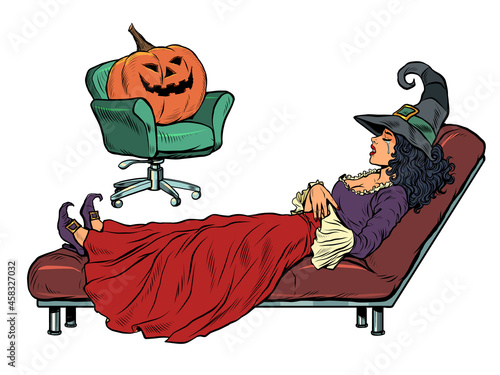 halloween witch and pumpkin, psychotherapy session. Seasonal autumn psychological disorder