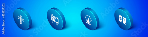 Set Isometric Road traffic signpost, Ferris wheel, Tarot cards and Amusement park billboard icon. Vector