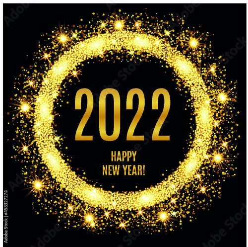2022 Happy New Year glowing gold background. Vector illustration