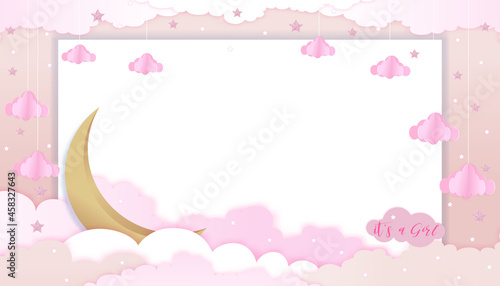 Baby girl shower greeting card on pink background,Vector Paper art abstract origami cloudscape, crescent moon and stars on pink sky,Cute paper cut with copy space for baby's photos