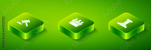 Set Isometric Jurors, Stamp and Judge gavel icon. Vector