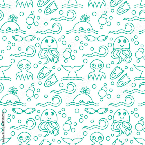 Doodle diving seamless pattern isolated on white. Hand drawn sketch. Vector stock iillustration. EPS 10