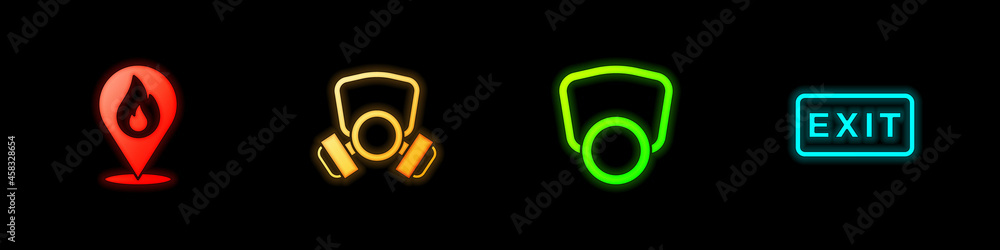 Set Location with fire flame, Gas mask, and Fire exit icon. Vector Set Location with fire flame, Gas mask, and Fire exit icon. Vector