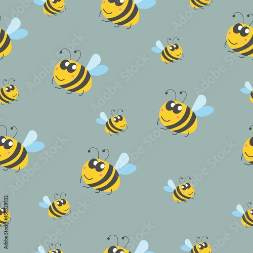 Seamless pattern children. Yellow bumblebees and bees. Grey background. Cartoon style. Cute and funny. Summer or spring. Textile, wrapping paper, scrapbooking, wallpaper, bedroom, packaging design © Куприянова Ксения