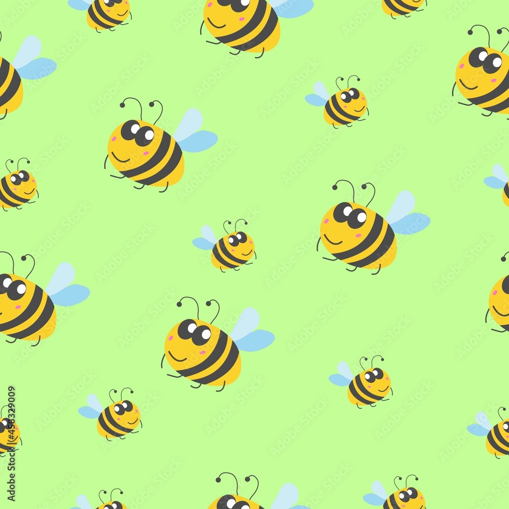 Seamless pattern children. Yellow bumblebees and bees. Green background. Cartoon style. Cute and funny. Summer or spring. Textile, wrapping paper, scrapbooking, wallpaper, bedroom, packaging design