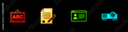 Set Chalkboard, Exam sheet and pencil, Online class and Movie, film, media projector icon. Vector