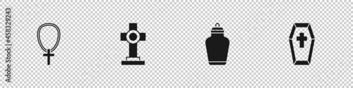 Set Christian cross on chain, Grave with, Funeral urn and Coffin icon. Vector