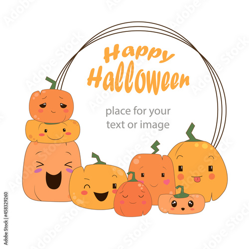Vector circle halloween frame with nice happy pumpkins holiday decoration element funny halloween poster and invitation