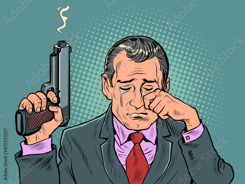 A man with a gun is crying. A spy is an agent with emotions. The weapon smokes after the shot