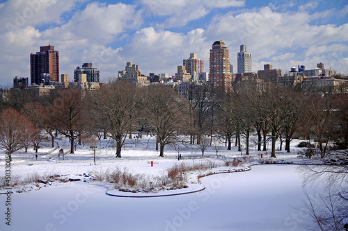 A view of the frozen Upper East Side behind the Turtle Pond in Central Park