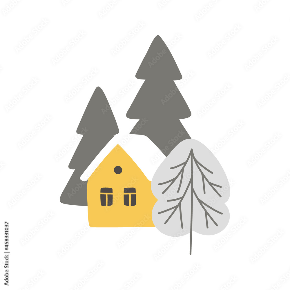 Obraz premium Vector yellow house and trees in the forest. Winter cozy composition isolated on white background