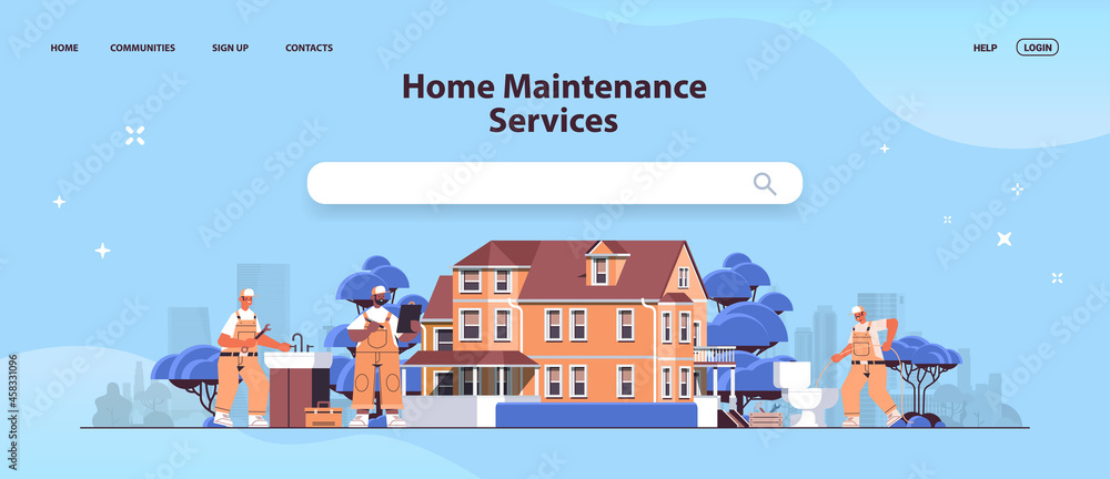 mix race professional repairmen in uniform making house renovation home maintenance repair service concept