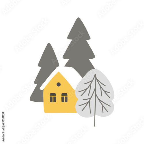Vector yellow house and trees in the forest. Winter cozy composition isolated on white background