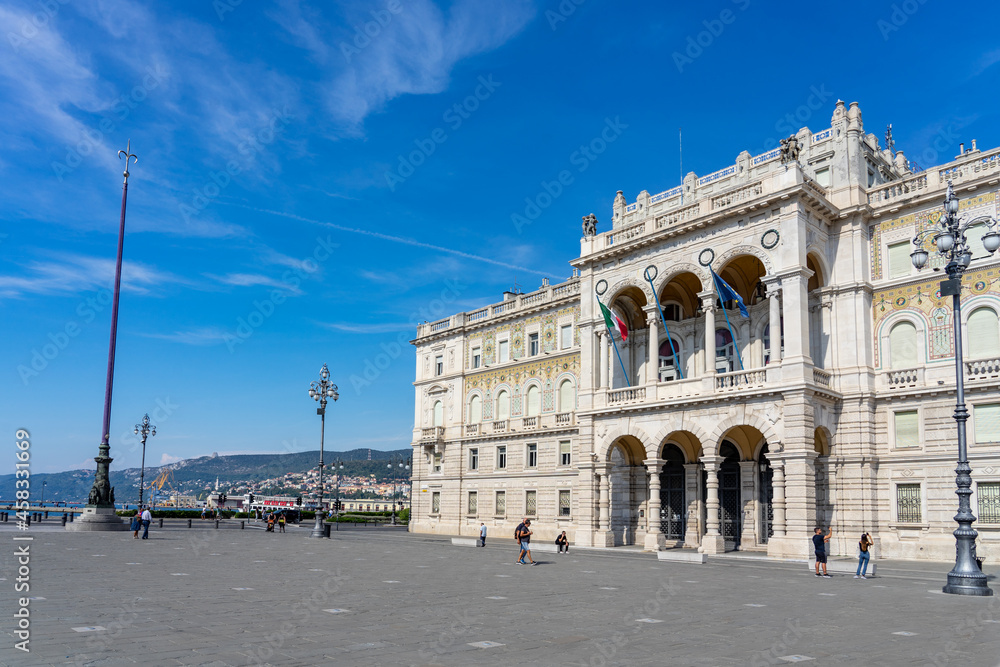 11.08.2021: Trieste, Italy: Plaza Unidad de Italia with people walking around