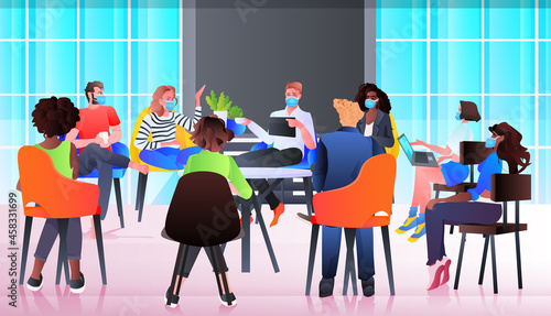 mix race businesspeople team in masks discussing during meeting chat bubble communication brainstorming