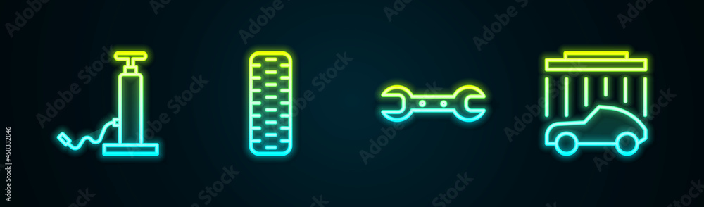 Set line Car air pump, tire wheel, Wrench spanner and wash. Glowing neon icon. Vector