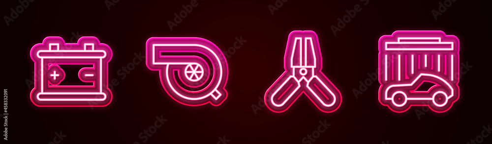 Set line Car battery, Automotive turbocharger, jumper power cable and wash. Glowing neon icon. Vector Set line Car battery, Automotive turbocharger, jumper power cable and wash. Glowing neon icon. Vector