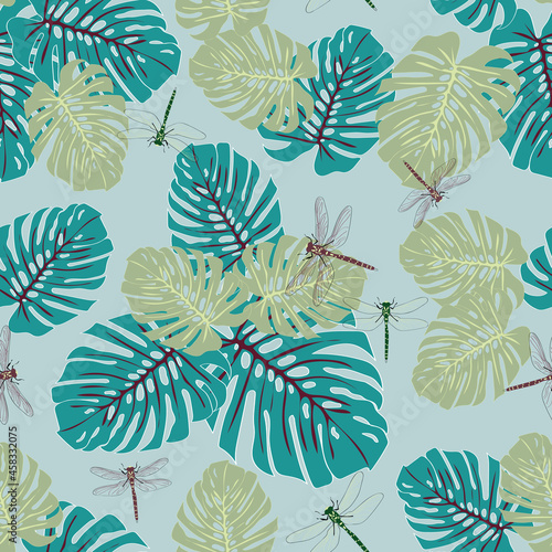 Blue Tropical Eden dragonfly seamless vector pattern 