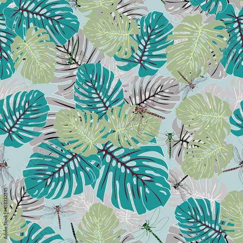 Variation Tropical Eden dragonfly seamless vector pattern 