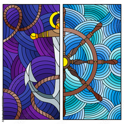 A set of illustrations in the style of a stained glass window on a marine theme, an anchor and a steering wheel on a blue background