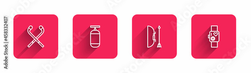 Set line Ice hockey sticks, Punching bag, Bow and arrow quiver and Smart watch showing heart beat rate with long shadow. Red square button. Vector