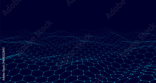 Futuristic vector hexagon wave. Dark cyberspace. Abstract wave with dots and line. White moving particles on background. © Flow 37