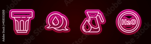 Set line Glass with water, Water drop speech bubbles, Jug glass and Chemical formula for H2O. Glowing neon icon. Vector