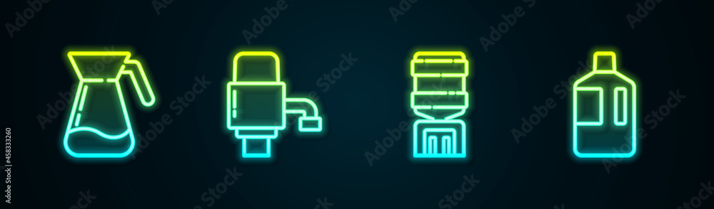 Set line Jug glass with water, Mechanical pump for, Water cooler and Big bottle clean. Glowing neon icon. Vector Set line Jug glass with water, Mechanical pump for, Water cooler and Big bottle clean. Glowing neon icon. Vector