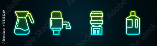 Set line Jug glass with water, Mechanical pump for, Water cooler and Big bottle clean. Glowing neon icon. Vector