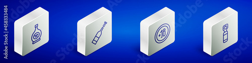 Set Isometric line Bottle of cognac or brandy, Opened bottle wine, Alcohol 18 plus and opener icon. Vector
