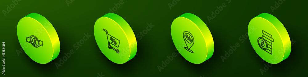 Set Isometric line Financial growth and euro coin, Shopping cart, Location with percent discount and Coin money dollar icon. Vector Set Isometric line Financial growth and euro coin, Shopping cart, Location with percent discount and Coin money dollar icon. Vector
